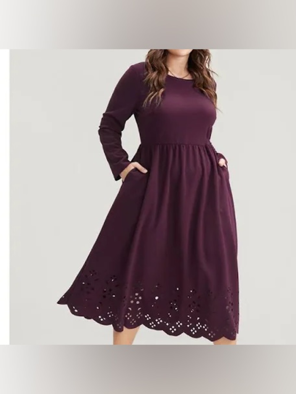 Bloomchic Long Sleeve Burgundy Midi Dress with laser cut hem detail Size 12